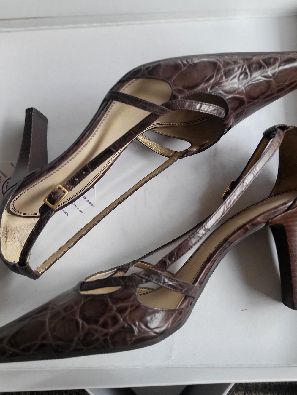 Unisa Brown Croc-Embossed Pointed Slingback Heels
